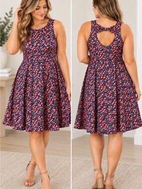 Cherry Velvet Navy Floral Fit & Flare Dress